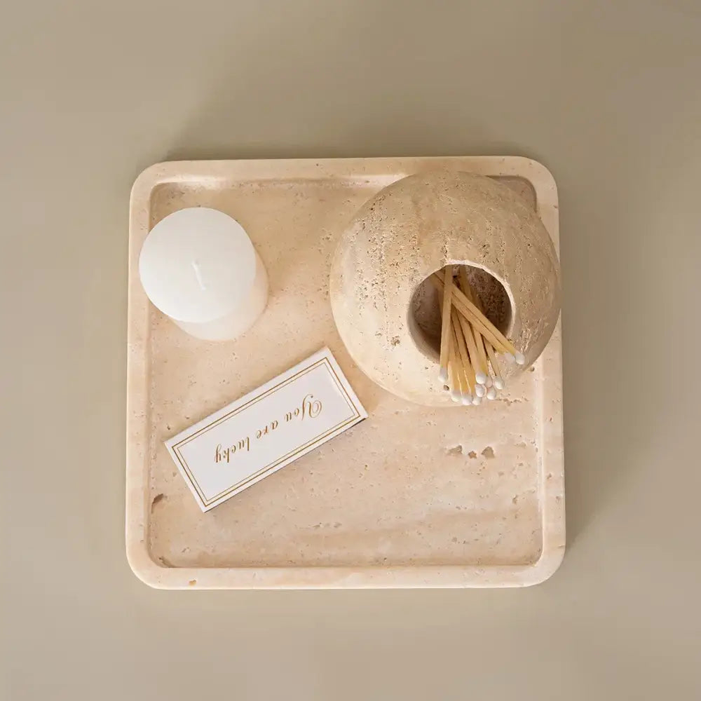 Rustic beige travertine match holder living room stone jar