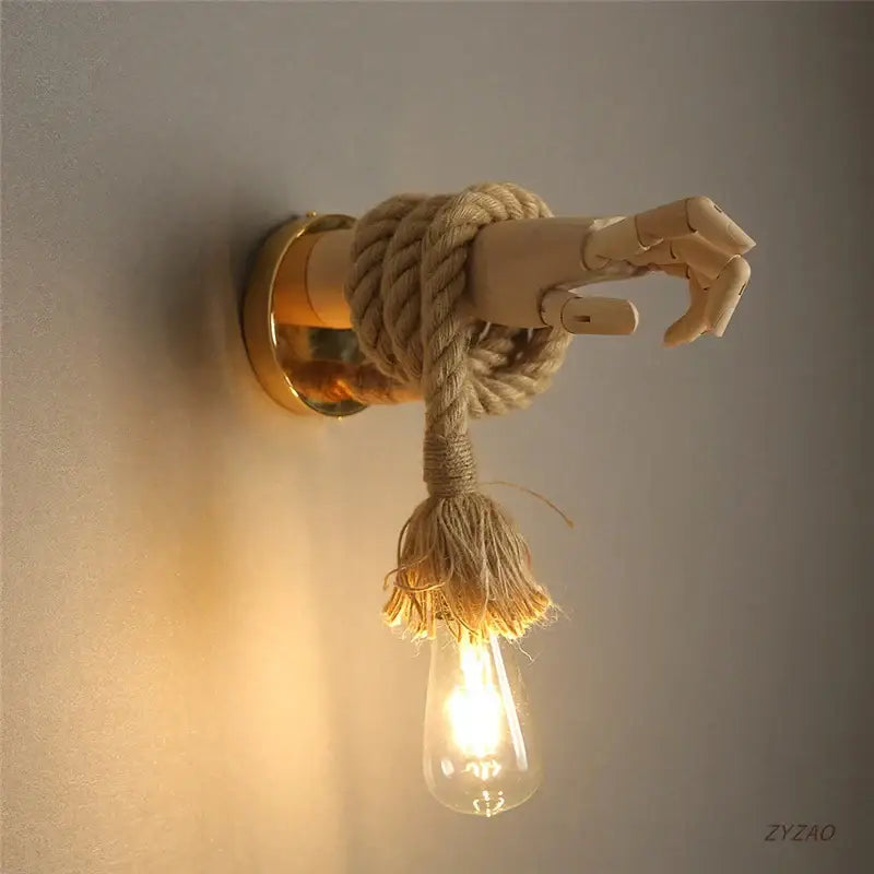 Rustic brass hand shape wall lamp bedroom hemp rope light