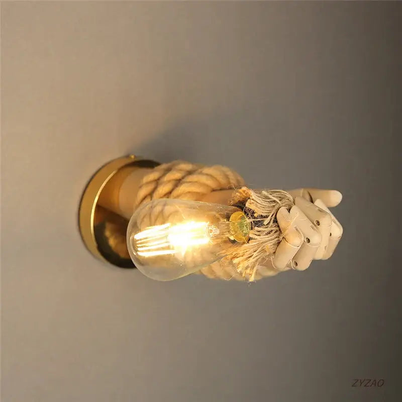 Rustic brass hand shape wall lamp bedroom hemp rope light