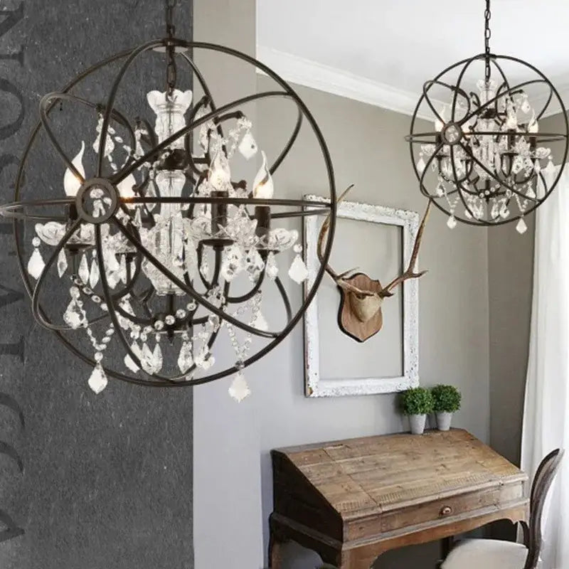 Rustic bronze crystal earth birdcage chandelier for dining room