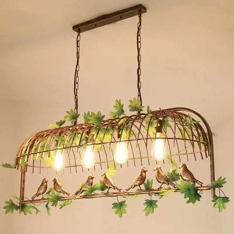 Rustic bronze iron bird cage chandelier dining room greenery light