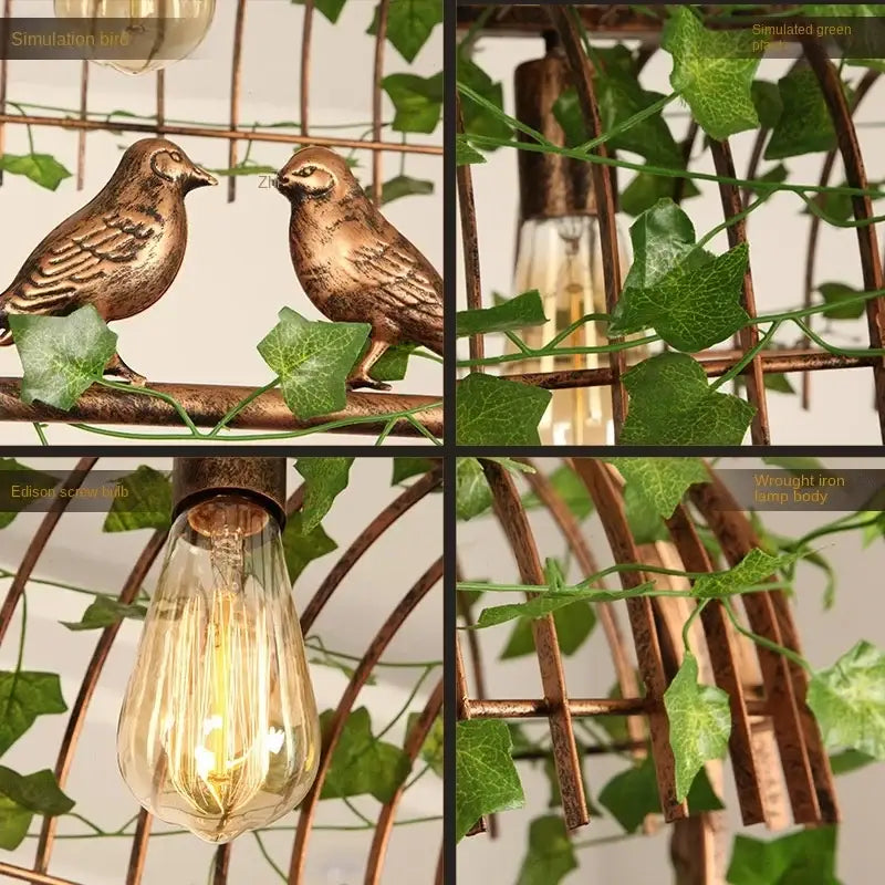 Rustic bronze iron bird cage chandelier dining room greenery light
