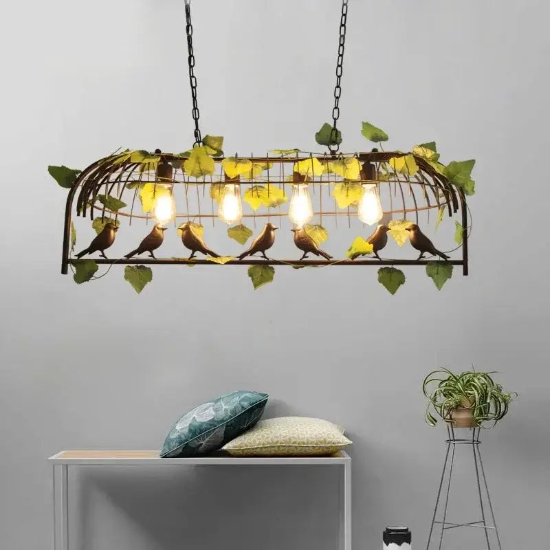 Rustic bronze iron bird cage chandelier dining room greenery light