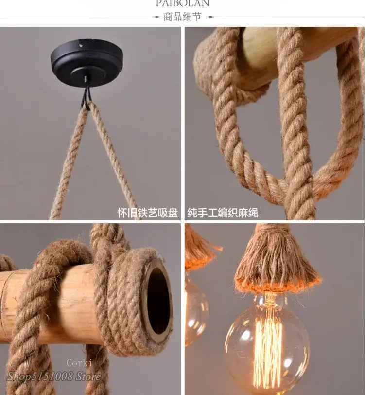 Rustic industrial bamboo pendant lights kitchen rope fixture