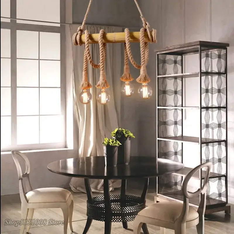 Rustic industrial bamboo pendant lights kitchen rope fixture
