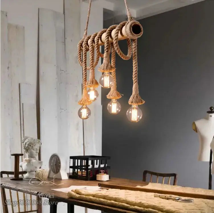 Rustic industrial bamboo pendant lights kitchen rope fixture