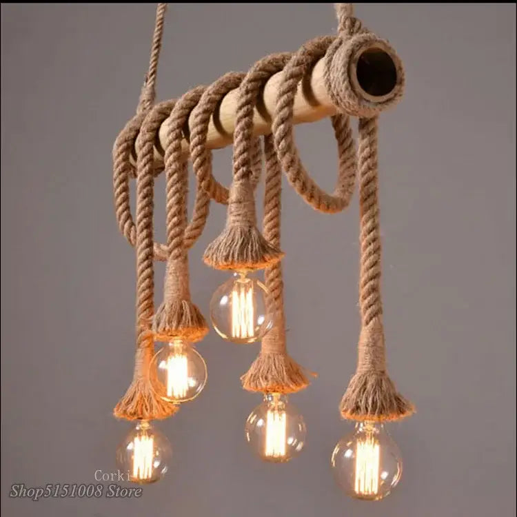 Rustic industrial bamboo pendant lights kitchen rope fixture