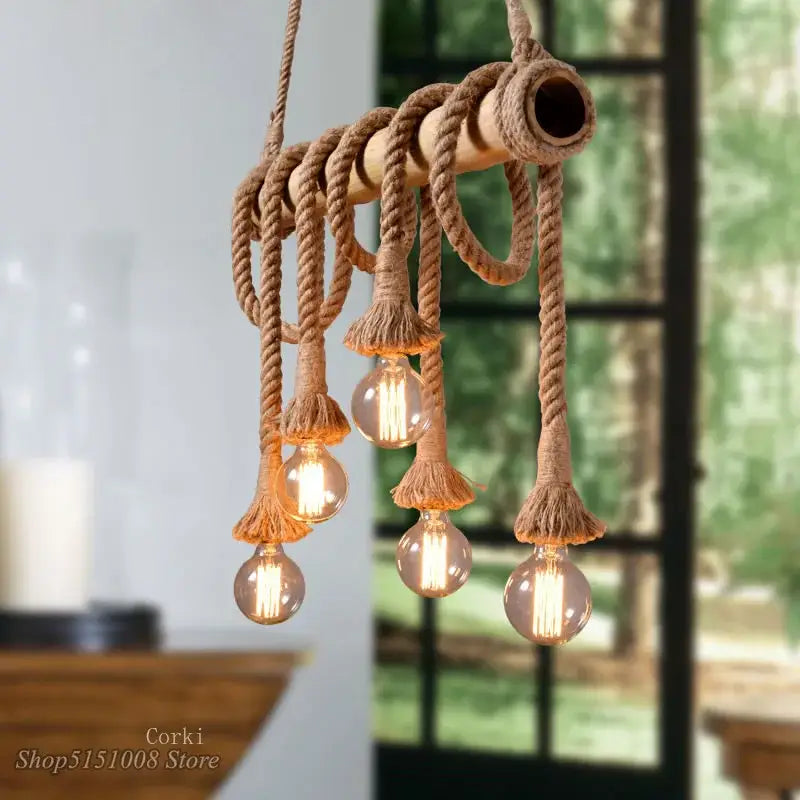 Rustic industrial bamboo pendant lights kitchen rope fixture