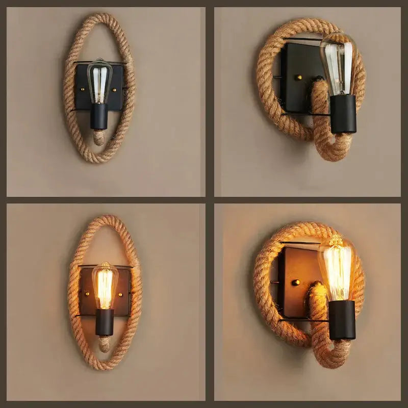 Rustic industrial hemp rope wall lamp bedroom edison sconce