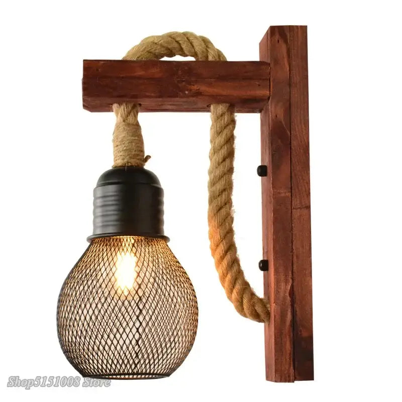 Rustic industrial hemp rope wall lamp bedroom wood sconce