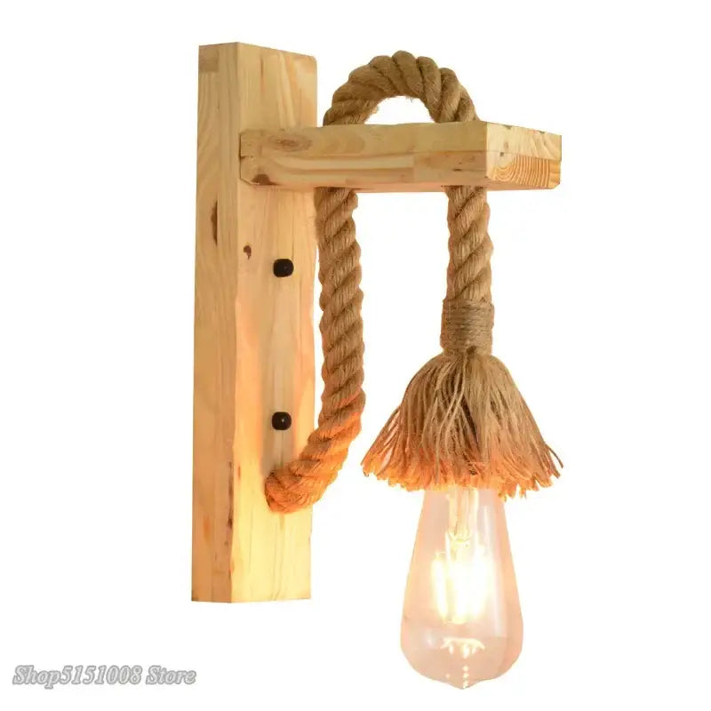 Rustic industrial hemp rope wall lamp bedroom wood sconce