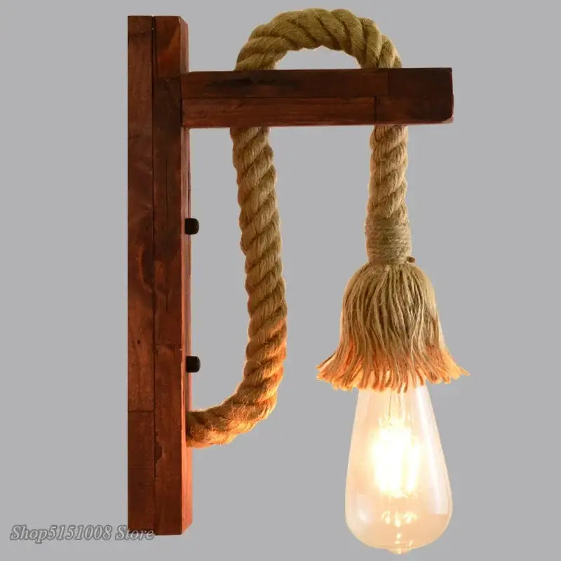 Rustic industrial hemp rope wall lamp bedroom wood sconce