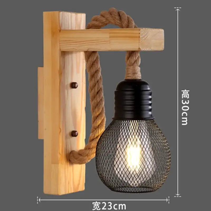 Rustic industrial hemp rope wall lamp bedroom wood sconce