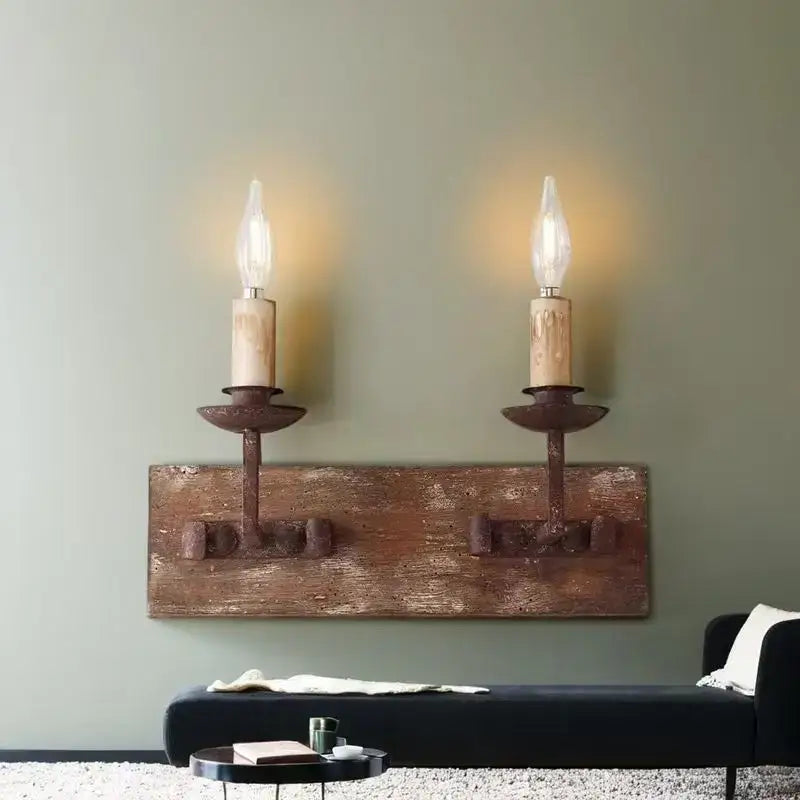 Rustic retro solid wood wall light for bedroom candle sconce