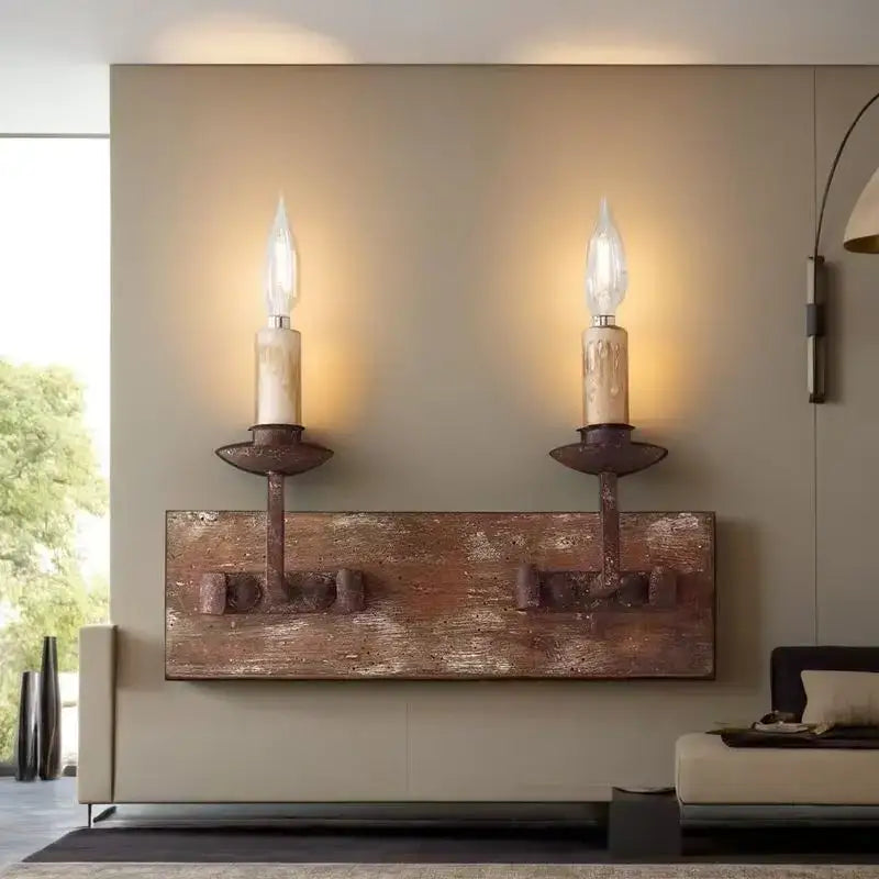 Rustic solid wood retro wall light bedroom candle sconce