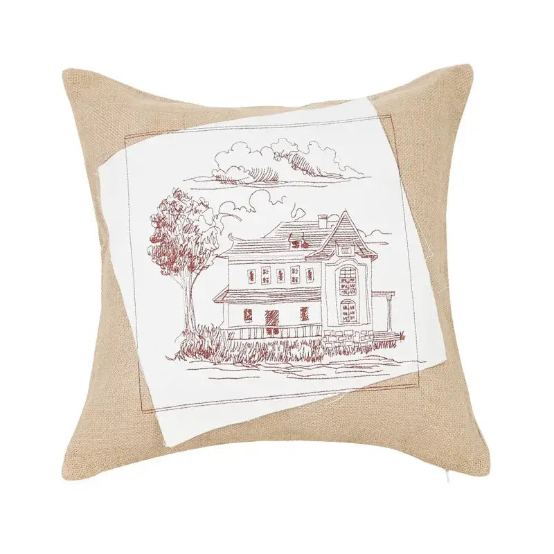 Rustic tan burlap deer house embroidered pillow cover living room