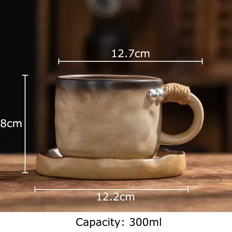 Rustic teal coarse pottery cup and saucer set – dining room mug