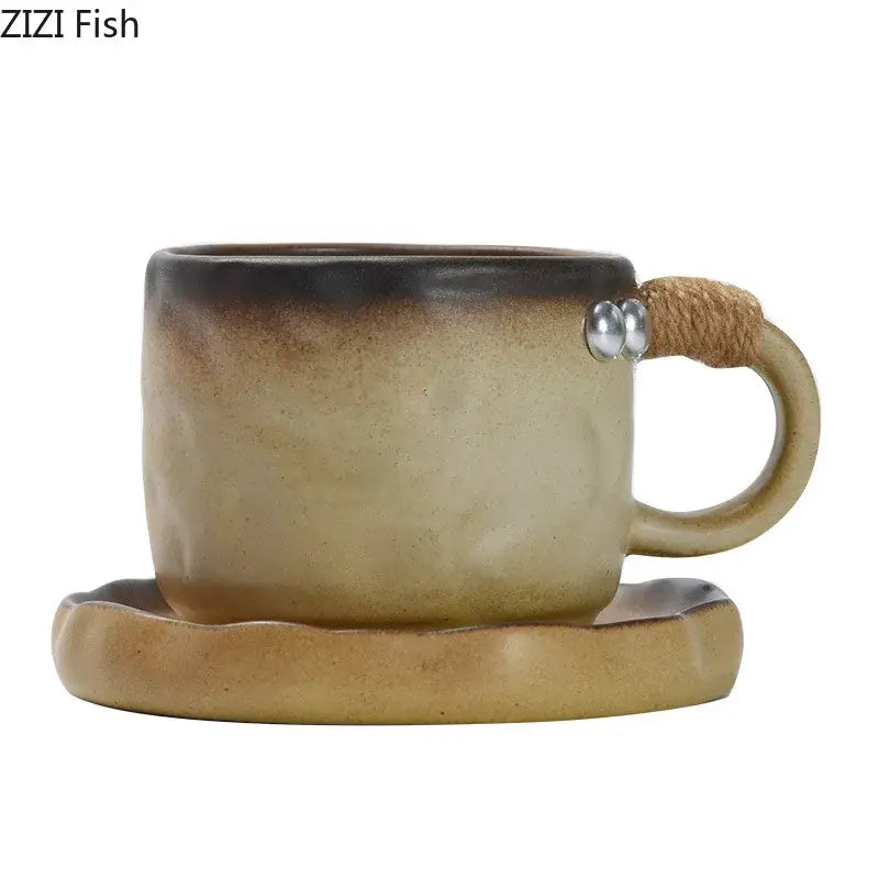 Rustic teal coarse pottery cup and saucer set – dining room mug