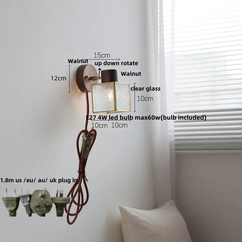 Rustic walnut wood and brass wall sconce bathroom light