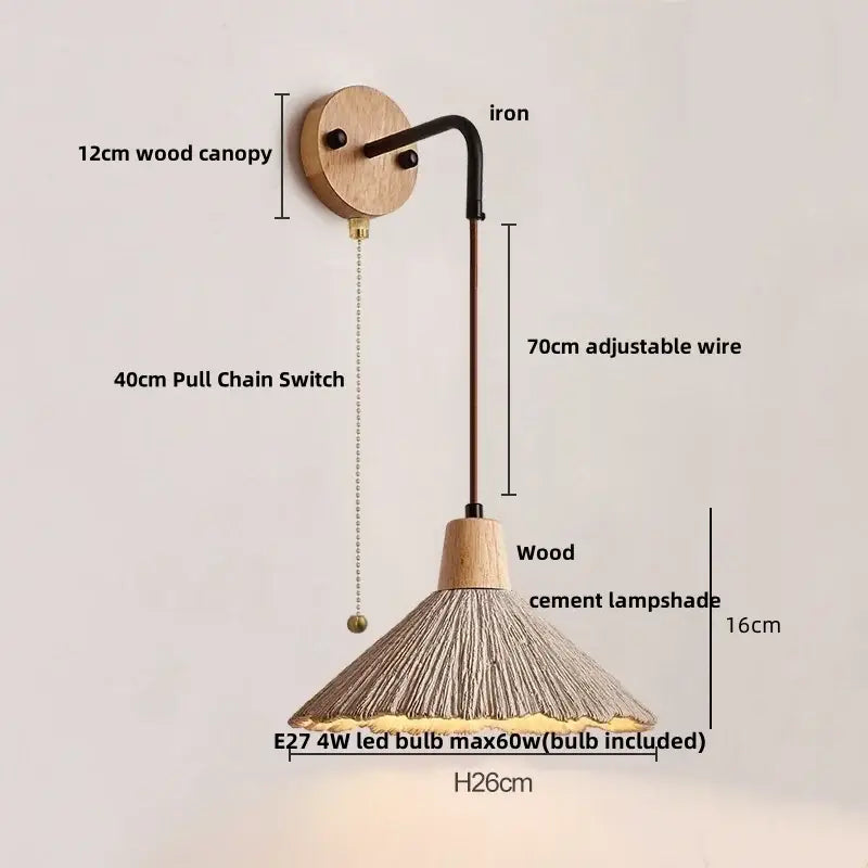 Rustic wood and gray cement led wall light bedroom sconce
