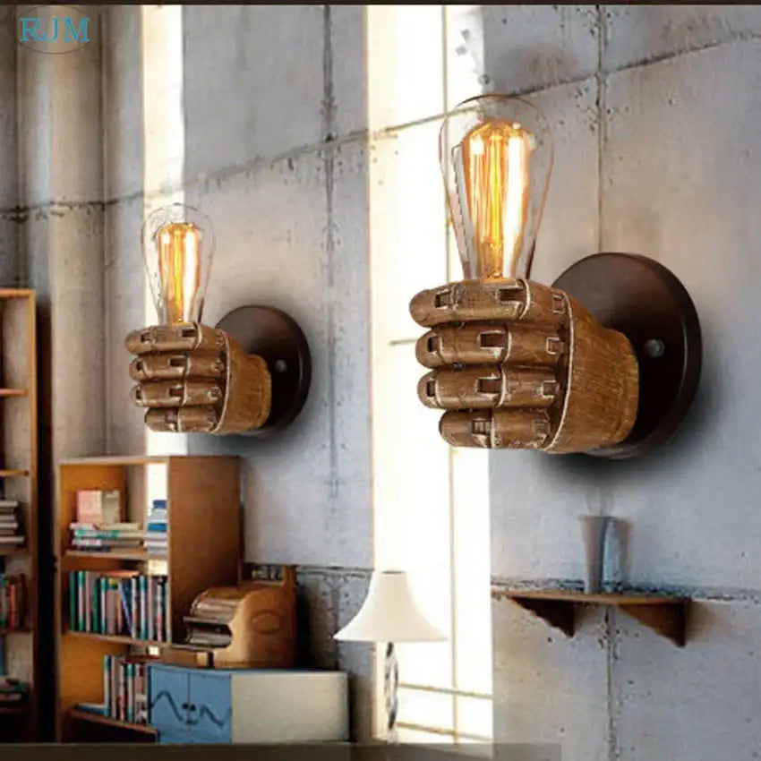 Rustic wooden hand model wall lamp living room vintage light