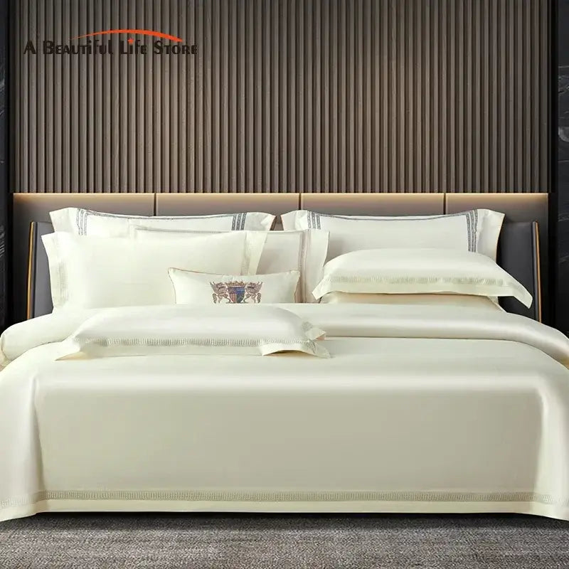 Satin cream & gold egyptian cotton duvet cover set bedroom bedding