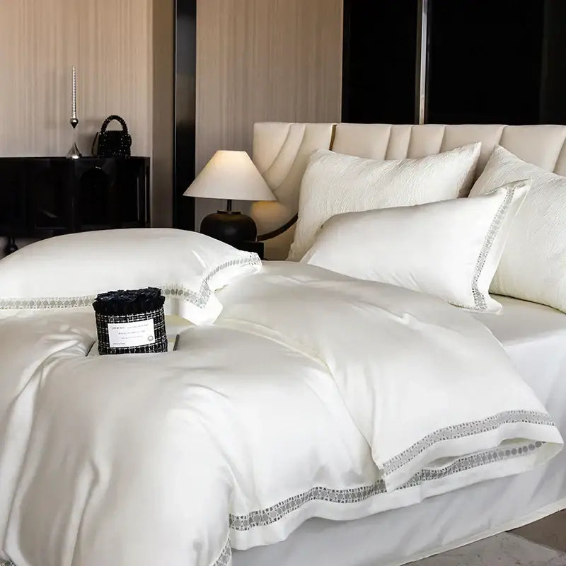 Satin cream & gold lace eucalyptus duvet cover set bedroom bedding