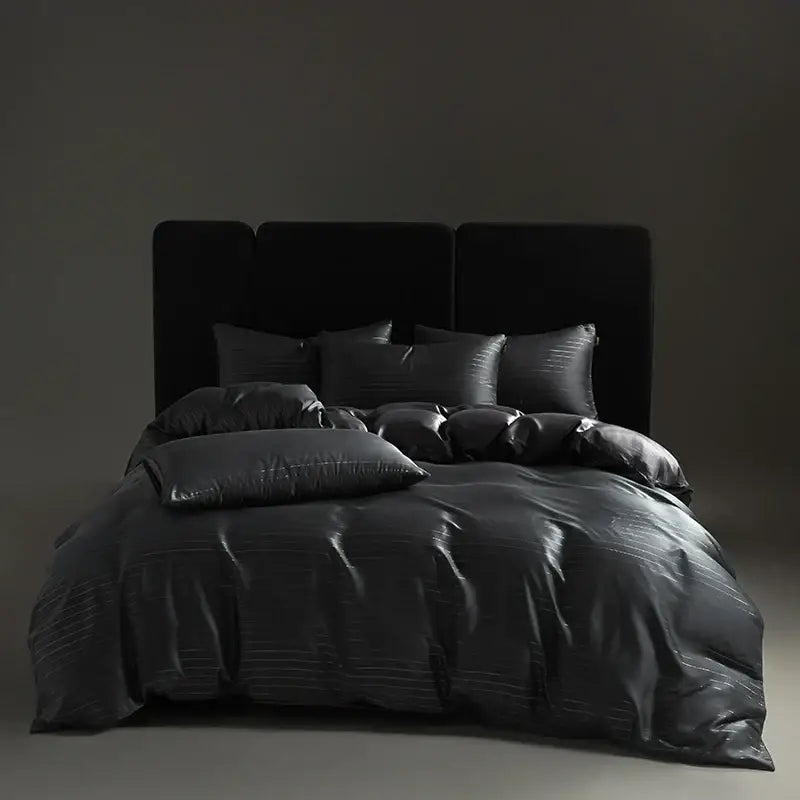 Satin dark gray & silver pinstripe duvet cover bedding set bedroom