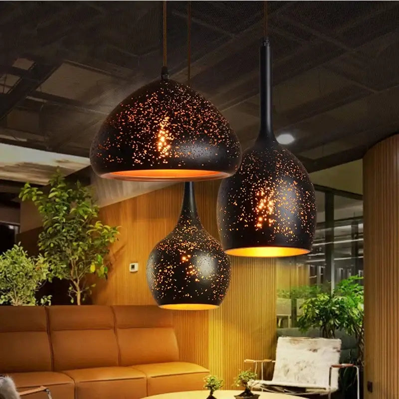 Set of 4 black & gold etched iron pendant light fixture dining room