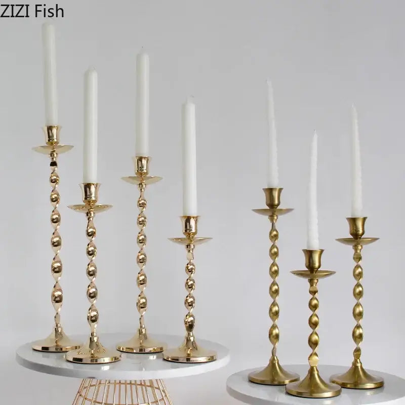 Set of 4 golden candlestick holders dining room twisted metal decor