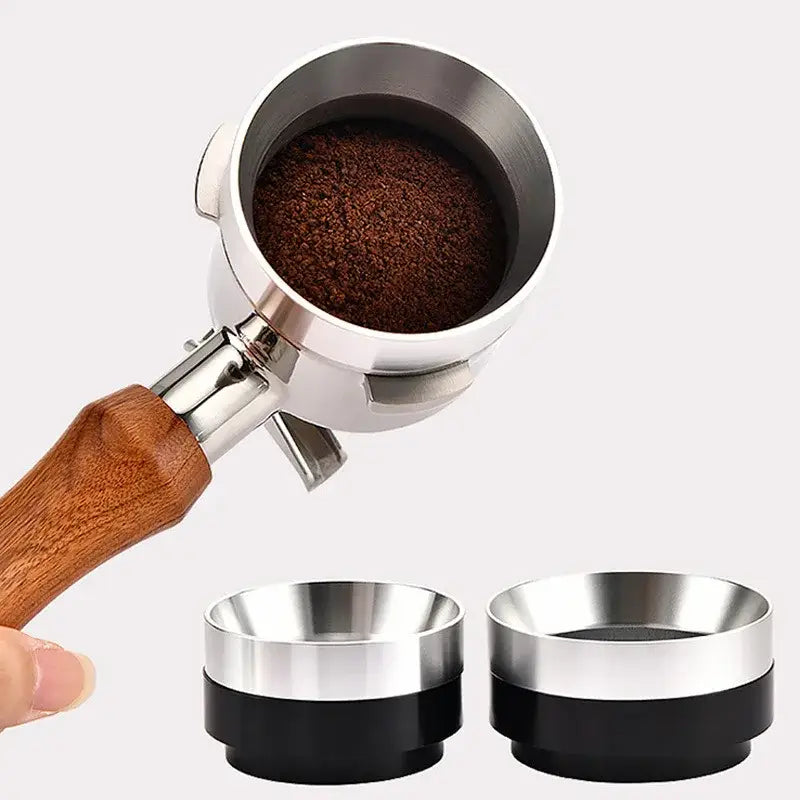 Silver and black espresso coffee filter adapter rings kitchen set