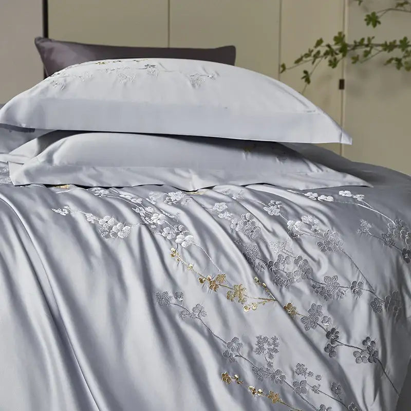 Silver satin egyptian cotton flowers embroidery bedding set bedroom
