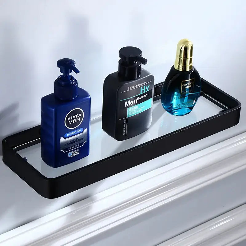 Sleek black aluminum glass shelf bathroom storage rack