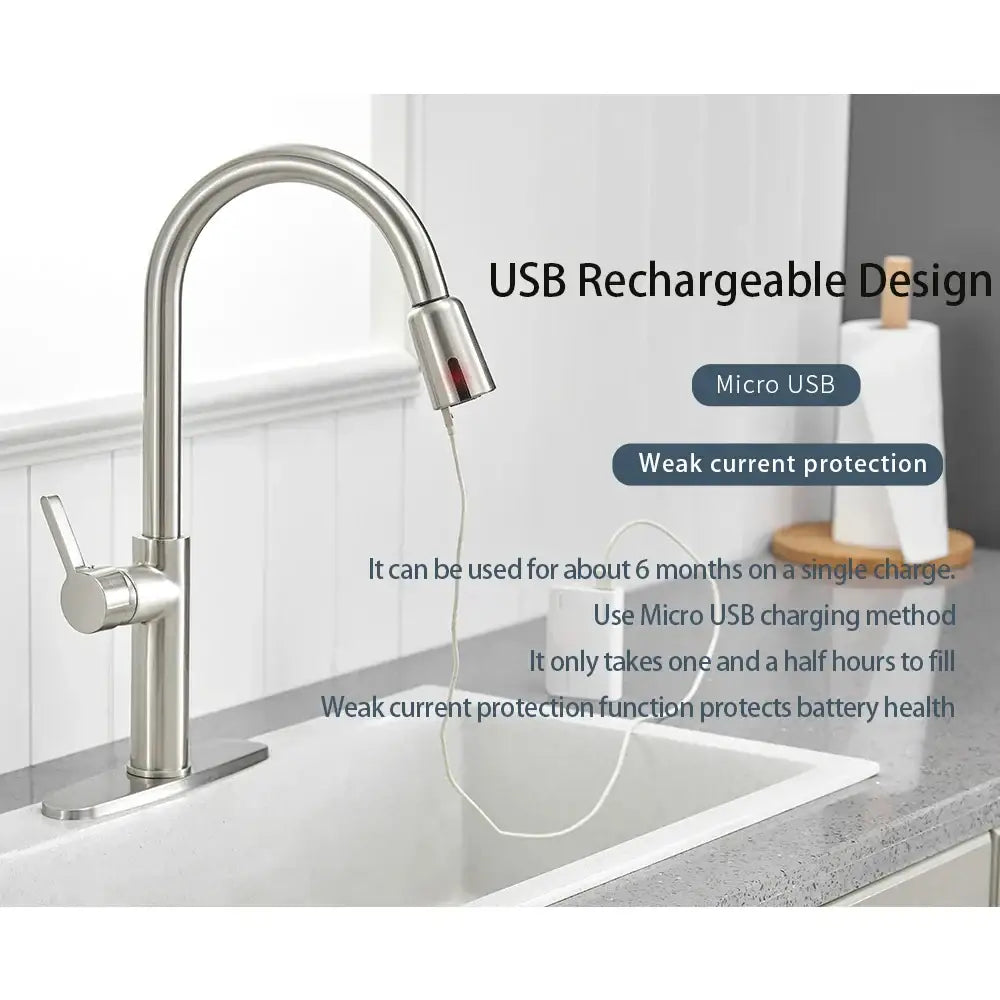 Sleek silver touchless kitchen faucet sensor usb charging adapter