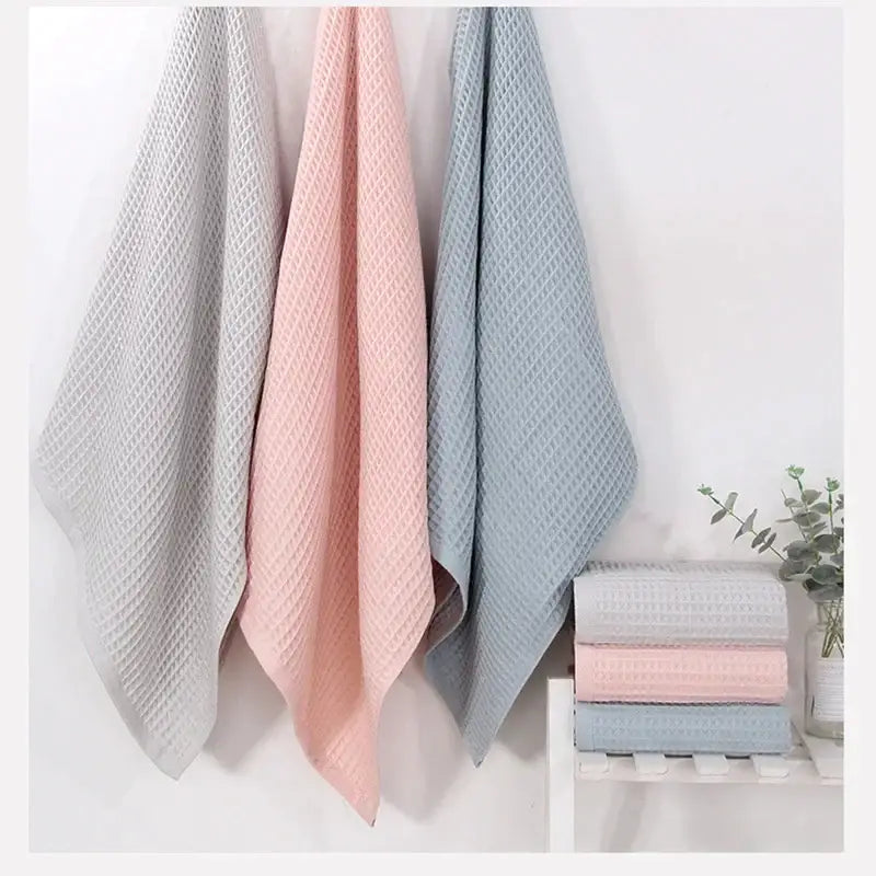 Soft gray blush & blue cotton waffle towel bath set for bathroom