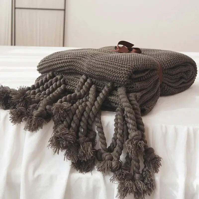 Soft plaid decorbites knit throw blanket bedroom ivory & pink tassels