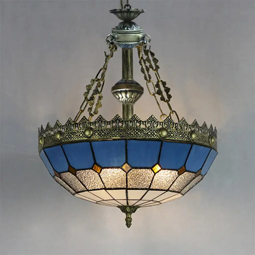 Blue and white stained glass ceiling pendant light kitchen brass accent