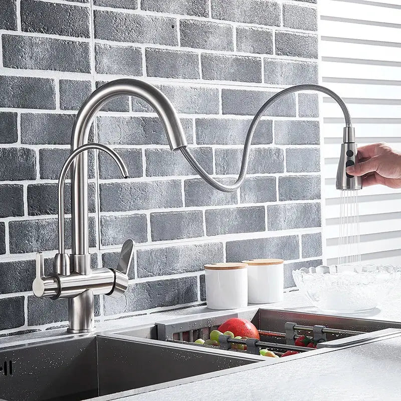 Stainless steel arched water filter faucet kitchen pull down spray