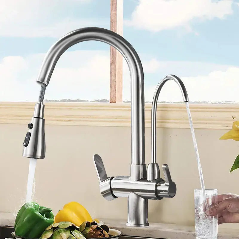 Stainless steel arched water filter faucet kitchen pull down spray
