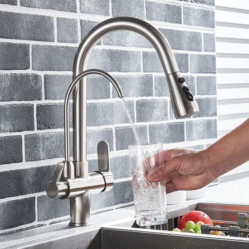 Stainless steel arched water filter faucet kitchen pull down spray