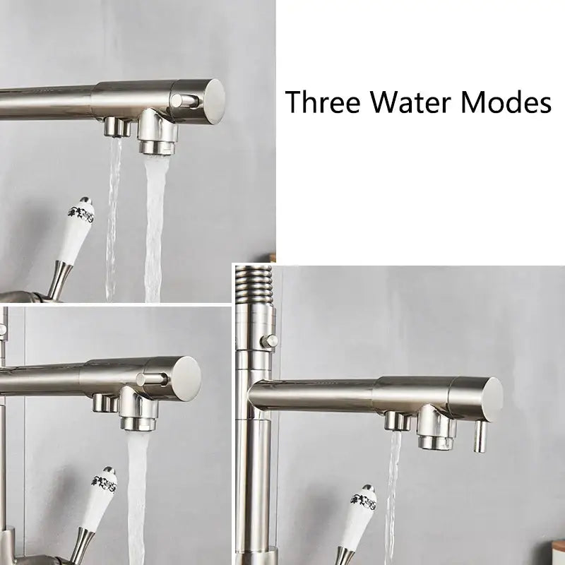 Stainless steel dual spout pull down kitchen faucet with filter