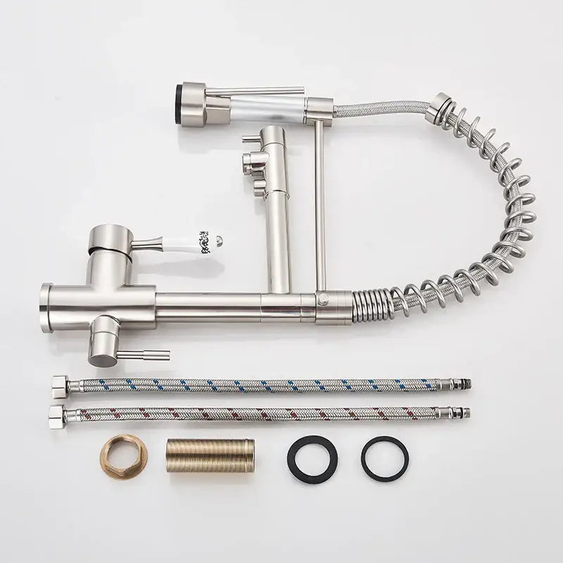Stainless steel dual spout pull down kitchen faucet with filter