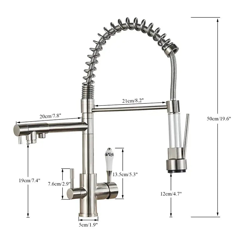 Stainless steel dual spout pull down kitchen faucet with filter