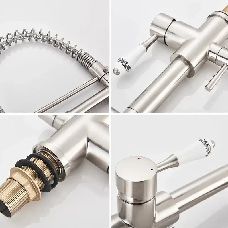 Stainless steel dual spout pull down kitchen faucet with filter
