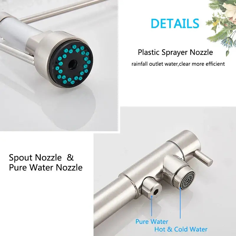 Stainless steel dual spout pull down kitchen faucet with filter