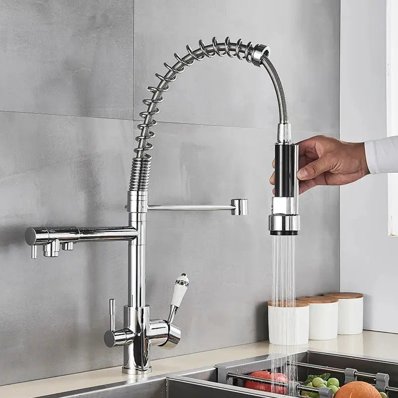 Stainless steel dual spout pull down kitchen faucet with filter