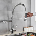 Stainless steel dual spout pull down kitchen faucet with filter