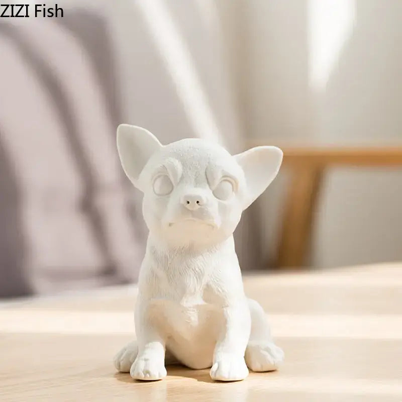 Stylized white matte french bulldog ceramic sculpture living room decor