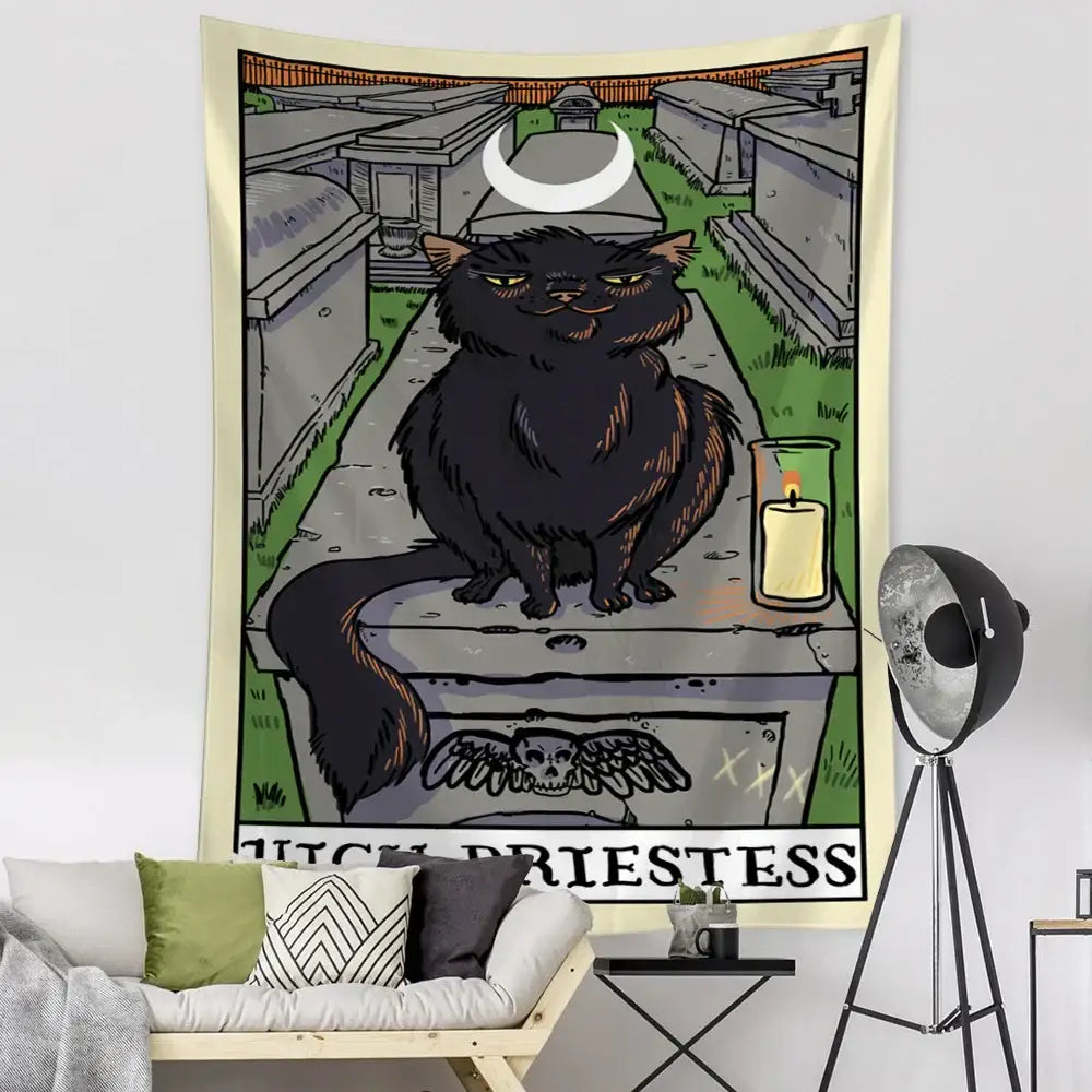 Teal and gold black cat tarot tapestry bedroom wall decor