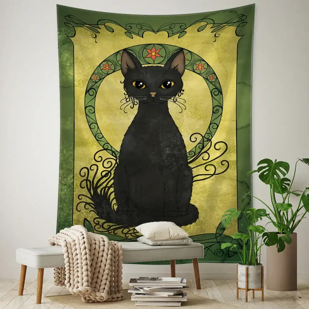 Teal and gold black cat tarot tapestry bedroom wall decor